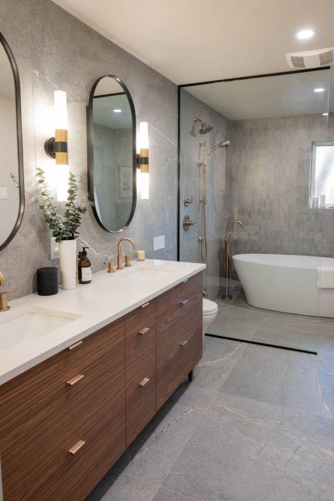 a bathroom with two sinks and a bathtub